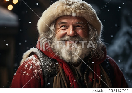 Santa is walking down a city street, with gifts, winter, snow, holiday decorations Santa is walking down a city street, with gifts, winter, snow, holiday decorations 132182702