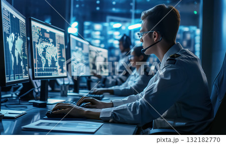 professional technology engineer monitoring business processes in room with computers, call centre operator support 132182770