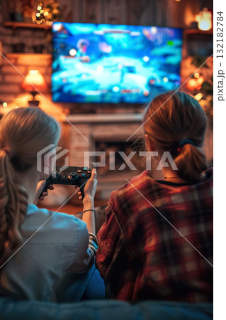 happy couple playing video game with controller on play station at home, friends play computer games on console and have fun 132182784