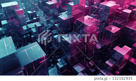 abstract background with purple neon cubes and square mosaic, futuristic technology isometric design 132182935