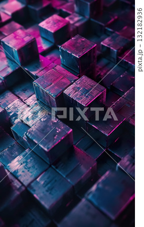 abstract background with purple neon cubes and square mosaic, futuristic technology isometric design 132182936