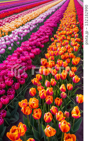 beautiful colorful tulip field in Netherlands, vibrant and vivil flowers garden outdoor in Holland aerial view 132182990