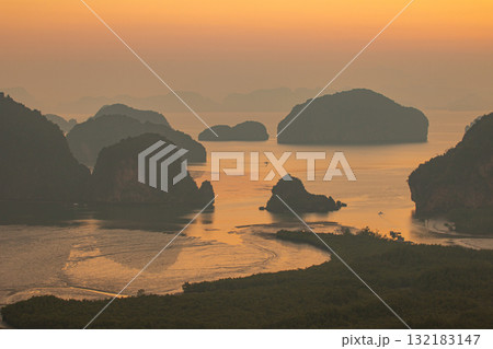 Aerial view of colorful sky in beautiful sunrise at Samet Nangshe viewpoint Aerial view of colorful sky in beautiful sunrise at Samet Nangshe viewpoint 132183147