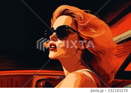 Portrait of a beautiful fashionable woman with a hairstyle and sunglasses, in a car. Bright sunset sky, orange color. Illustration poster in the style of 1960 132183278
