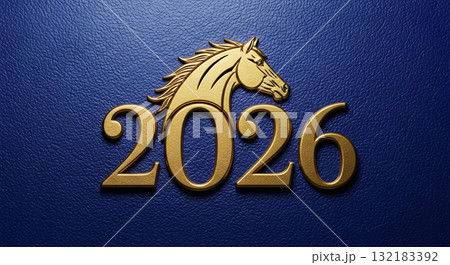 Golden horse head with the year 2026 on a blue leather background. Golden horse head with the year 2026 on a blue leather background. 132183392