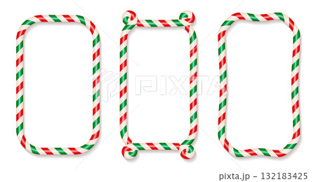 Candy cane frames set. Christmas border with red and green stripes collection. Striped vector xmas rectangle shapes with copy space. 3d vector elements with shadows Candy cane frames set. Christmas border with red and green stripes collection. Striped vector xmas rectangle shapes with copy space. 3d vector elements with shadows 132183425