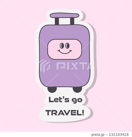 Whimsical Y2K travel sticker features a cheerful purple suitcase with a smiling face. The luggage inspires a sense of adventure, promoting the idea of travelling. Whimsical Y2K travel sticker features a cheerful purple suitcase with a smiling face. The luggage inspires a sense of adventure, promoting the idea of travelling. 132183428