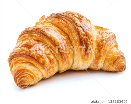 Freshly baked croissant with golden layers on a perfectly white background showcasing delicious texture Freshly baked croissant with golden layers on a perfectly white background showcasing delicious texture 132183495