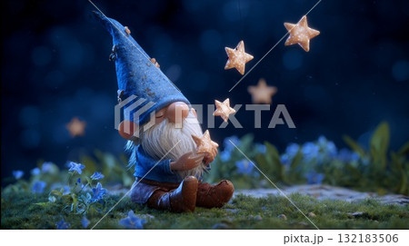Tiny gnome-like creature surrounded by glowing stars in a magical forest setting Tiny gnome-like creature surrounded by glowing stars in a magical forest setting 132183506