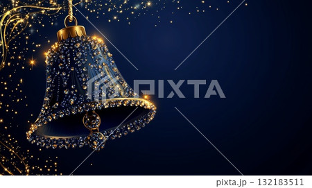 Large decorative Christmas bell with sparkling details on a dark blue background 132183511