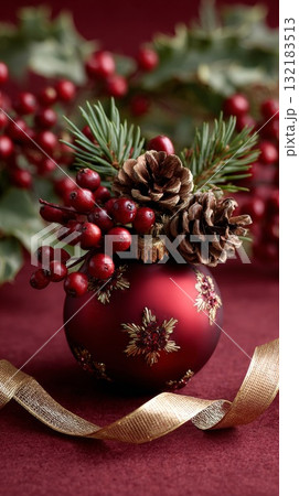 Red Christmas ornament with pinecones and berries on a festive background with copy space 132183513