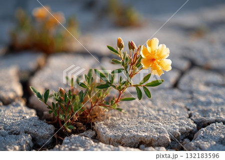 Single flower growing through cracked concrete, symbolizing resilience and isolation in harsh environments 132183596