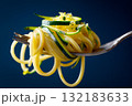 Hyperrealistic close-up of a fork holding spaghetti and zucchini strands with vibrant colors 132183633