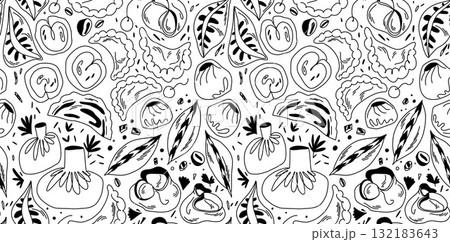A seamless outline pattern for coloring with different types of dumplings, manti, and gedza 132183643