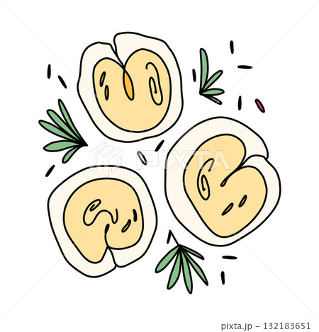 Buttery boiled dumplings with meat in doodle style among herbs and spices, illustration for a menu 132183651