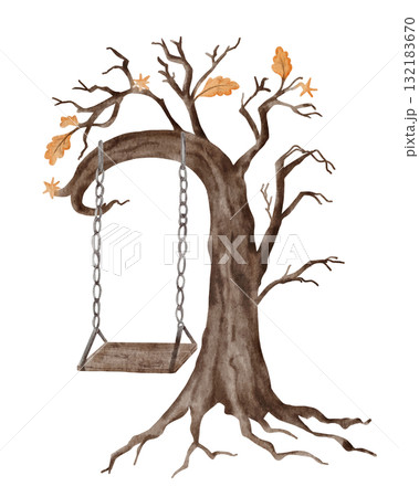 Spooky tree with swing. Hand painted watercolor Halloween design element for haunted illustration, card, or dark landscape. For autumn and fairytale themes. Spooky tree with swing. Hand painted watercolor Halloween design element for haunted illustration, card, or dark landscape. For autumn and fairytale themes. 132183670