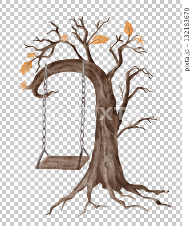 Spooky tree with swing. Hand painted watercolor Halloween design element for haunted illustration, card, or dark landscape. For autumn and fairytale themes. Spooky tree with swing. Hand painted watercolor Halloween design element for haunted illustration, card, or dark landscape. For autumn and fairytale themes. 132183670