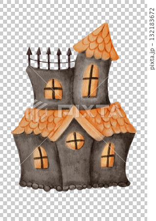 Watercolor haunted house with orange roof. Halloween spooky design element for card, invitation, or night illustration. Great for haunted and mystery themes. 132183672