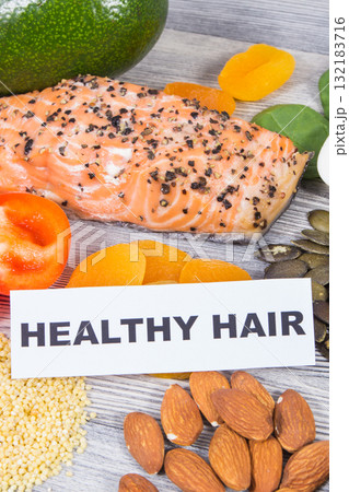 Nutritious food containing natural vitamins and minerals as best eating for healthy hair Nutritious food containing natural vitamins and minerals as best eating for healthy hair 132183716
