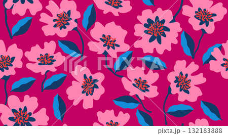 Hand drawn floral seamless patterns. Natural wallpaper, Exotic flowers print decoration. Illustration for fabric, textiles, clothing, wall art, printing and design project, etc. 132183888