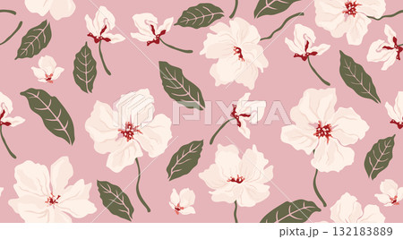 Hand drawn floral seamless patterns. Natural wallpaper, Exotic flowers print decoration. Illustration for fabric, textiles, clothing, wall art, printing and design project, etc. Hand drawn floral seamless patterns. Natural wallpaper, Exotic flowers print decoration. Illustration for fabric, textiles, clothing, wall art, printing and design project, etc. 132183889