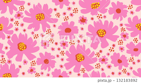 Abstract hand drawn flowers seamless patterns. Natural wallpaper, floral decoration. Illustration for fabric, textiles, clothing, wall art, printing and design project, etc. 132183892