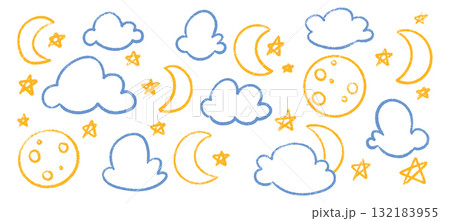 Chalk crayon night sky elements with moons, stars and cloud shapes in blue and yellow colors. Hand drawn celestial collection for children illustrations, nursery decor or educational materials. 132183955
