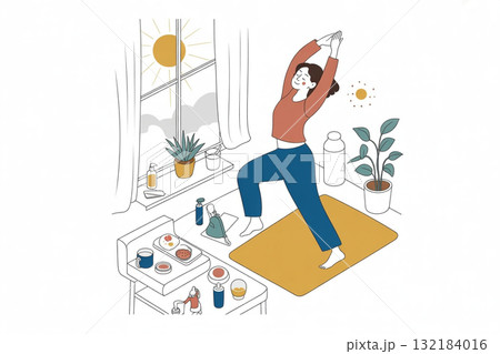 朝日を浴びながらストレッチ　健康的なライフスタイル 132184016