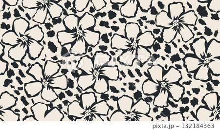 Seamless floral patterns, Abstract hand drawn flowers modern printing in black and white background. Illustration for fabric, textiles, wallpaper, wall art, decoration and design project, etc. 132184363