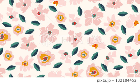 Seamless floral patterns, Abstract hand drawn flowers print decoration. Illustration for fabric, textiles, clothing, wall art, printing and design project, etc. Seamless floral patterns, Abstract hand drawn flowers print decoration. Illustration for fabric, textiles, clothing, wall art, printing and design project, etc. 132184452