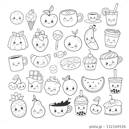 Black and white cute food and drinks set 132184526