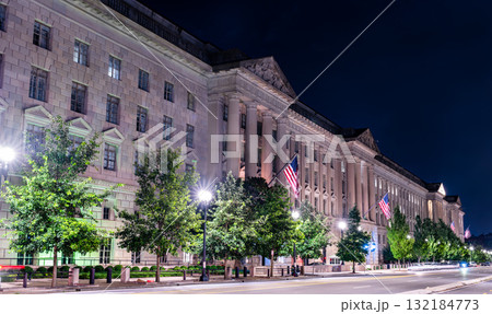 The Herbert C. Hoover Building, U.S. Department of Commerce headquarters, in Washington, D.C. This historic Federal Triangle landmark is illuminated on a clear evening 132184773