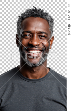 Man Senior Smiling. An older Black man with short, greying hair and a grey beard, wearing a dark grey t-shirt Man Senior Smiling. An older Black man with short, greying hair and a grey beard, wearing a dark grey t-shirt 132185056
