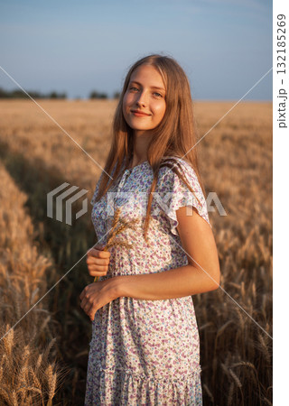 Beautiful young girl in field of ripe grain lit by warm rays of last summer rays. Portrait of a young girl at sunset Beautiful young girl in field of ripe grain lit by warm rays of last summer rays. Portrait of a young girl at sunset 132185269