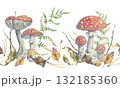 Fly agaric autumn seamless border. Hand painted watercolor illustration with bright mushrooms, dry leaves, fern and pine needles. Picturesque amanita. Perfect for seasonal design and fabric prints 132185360