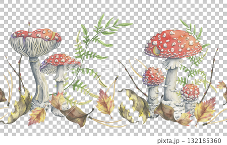 Fly agaric autumn seamless border. Hand painted watercolor illustration with bright mushrooms, dry leaves, fern and pine needles. Picturesque amanita. Perfect for seasonal design and fabric prints 132185360