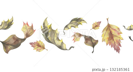 Autumn dry leaves seamless border. Hand painted watercolor illustration. Natural fall foliage design for wrapping paper, fabric and seasonal decoration Autumn dry leaves seamless border. Hand painted watercolor illustration. Natural fall foliage design for wrapping paper, fabric and seasonal decoration 132185361