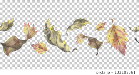 Autumn dry leaves seamless border. Hand painted watercolor illustration. Natural fall foliage design for wrapping paper, fabric and seasonal decoration Autumn dry leaves seamless border. Hand painted watercolor illustration. Natural fall foliage design for wrapping paper, fabric and seasonal decoration 132185361