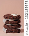Stack of chocolate cookies with white chocolate chips on soft background with copy space 132185678