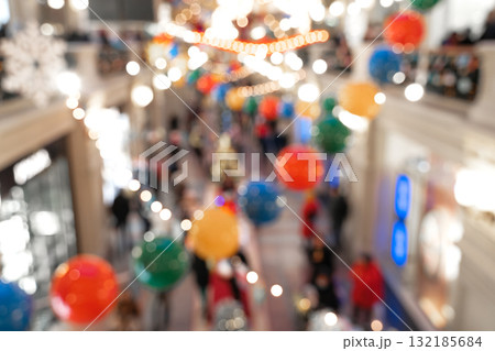 Blurred Christmas background with colorful decorations and soft focus copy space for design 132185684