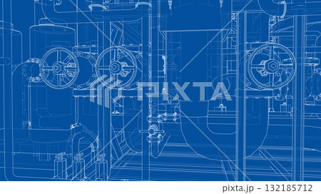 Industrial Blueprint with Valves and Pipes. Vector 132185712