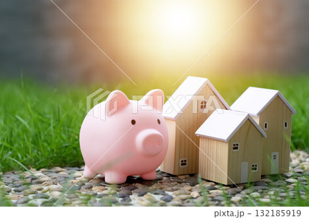 The pink pig and wooden house model represents the concept of investment and saving money. The pink pig and wooden house model represents the concept of investment and saving money. 132185919