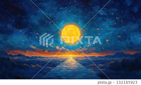 A painting of the night sky with a large yellow sun in the middle 132185923