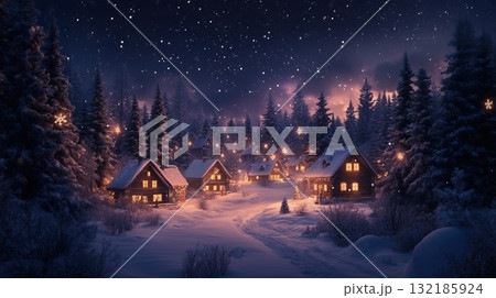A peaceful winter village with cozy houses surrounded by tall trees A peaceful winter village with cozy houses surrounded by tall trees 132185924