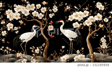 Black background with vintage garden trees, banana trees, birds 132185938