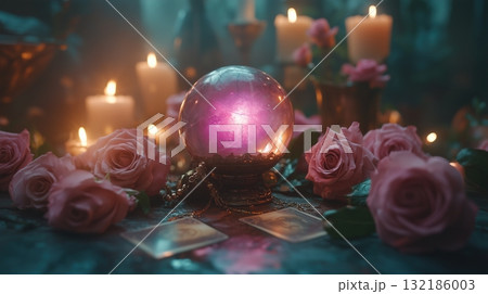 Still life with a magic crystal ball, pink roses and a necklace. 132186003