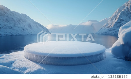winter scene featuring a podium of ice and snow, symbolizing purity 132186155
