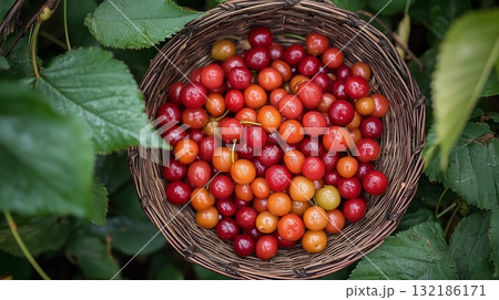 A basket filled with ripe red cherries, surrounded by green leaves 132186171