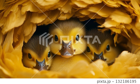 A fuzzy duckling peeking out from under its mother's wing 132186195