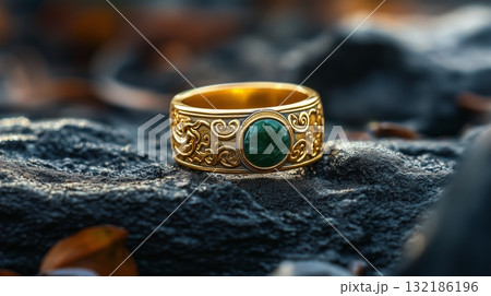 A golden ring decorated with jade placed on the ground 132186196